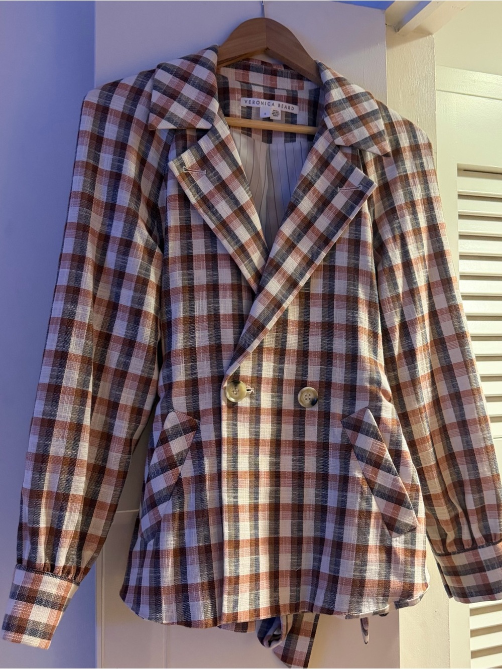 Veronica Beard Plaid Blazer Jacket Size S Belted Double Breasted fits like 6/8